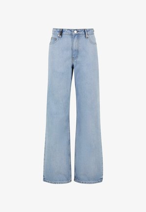 Heledad helesinine teksapüksid, mis on valmistatud denimist, sisaldavad nööpklappi, vööriide silmuseid ja klassikalist viie taskuga disaini, mille allservas on veidi katkendlikud ääred.