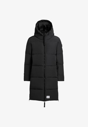 Black padded coat with a high collar and hood, featuring a front zipper, long sleeves, and a label on the lower left side.