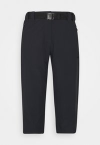 Pantalones exteriores negros hechos de material ligero, con un cinturón duradero, piernas rectas y una marca sutil en el lateral.