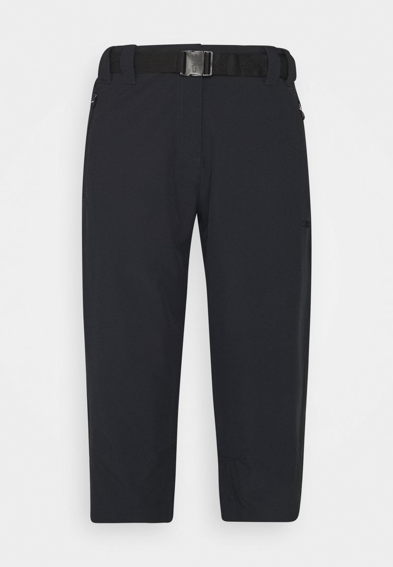 Pantalones exteriores negros hechos de material ligero, con un cinturón duradero, piernas rectas y una marca sutil en el lateral.