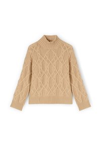 Beżowy sweter w splot kablowy z wysokim prążkowanym kołnierzem. Posiada teksturowany wzór oraz prążkowane mankiety i dolną krawędź.