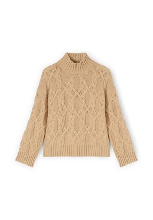 Beżowy sweter w splot kablowy z wysokim prążkowanym kołnierzem. Posiada teksturowany wzór oraz prążkowane mankiety i dolną krawędź.