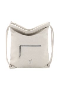 Sac à épaule en tissu perforé blanc avec une poche à fermeture éclair à l'avant, des accents argentés et des sangles réglables. Texture douce et design moderne.