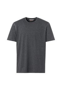 T-shirt gris à manches courtes avec un motif rayé subtil, encolure ronde, fabriqué à partir d'un tissu doux avec une coupe décontractée.