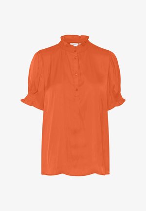 Narančasta bluzica kratkih rukava s visokim nabranim ovratnikom, zakopčavanjem sprijeda na gumbe i laganim nabiranjem u rukavima, napravljena od lagane tkanine.