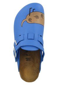 Blaue Clogs aus strapazierfähigem Kunststoff mit einem braunen Cartoon-Kartoffel-Design. Verfügt über zwei verstellbare Riemen und ein strukturiertes Fußbett. Größe 40.