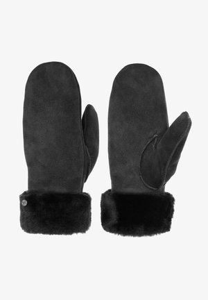 Černé semišové rukavice s měkkým kožichem na manžetě. Design zahrnuje zaoblený konec a boční vstup pro snadné obléknutí.