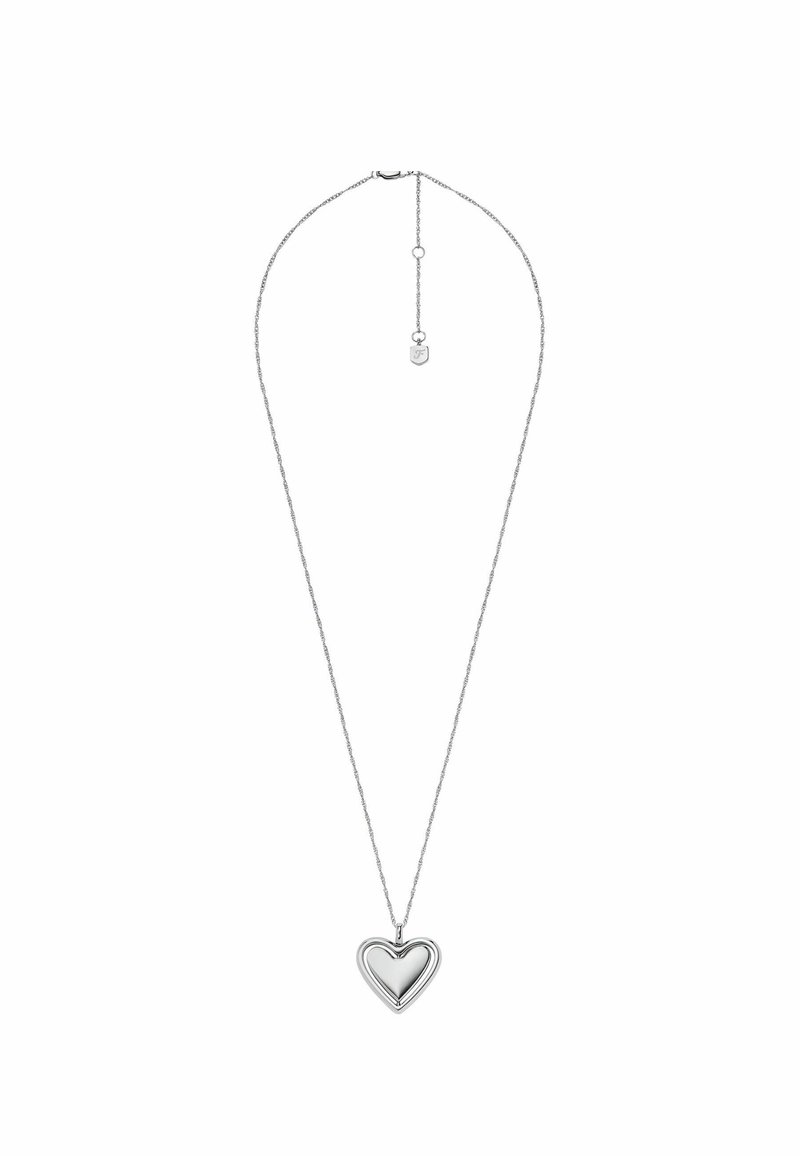 Silbernes herzförmiges Anhänger-Halsband an einer feinen Kette, mit einer glatten Textur und einer subtilen reflektierenden Oberfläche, ausgestattet mit einem verstellbaren Verschluss.