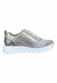 Gray sneakers featuring a metallic finish, mesh paneling, and textured snakeskin accents. Lightweight white rubber sole with thick tread.