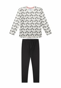 Zweiteiliges Outfit bestehend aus einem weißen Langarmshirt mit schwarzem Sternenmuster und schwarzen, elastischen Leggings mit einem elastischen Bund.