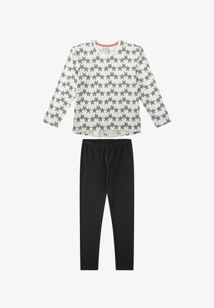 Two-piece outfit consisting of a long-sleeve white top with black star pattern and black stretchy leggings with an elastic waistband.