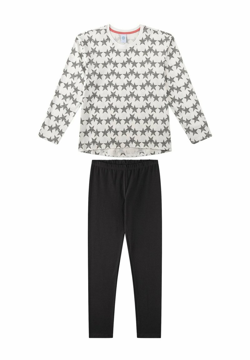 Zweiteiliges Outfit bestehend aus einem weißen Langarmshirt mit schwarzem Sternenmuster und schwarzen, elastischen Leggings mit einem elastischen Bund.