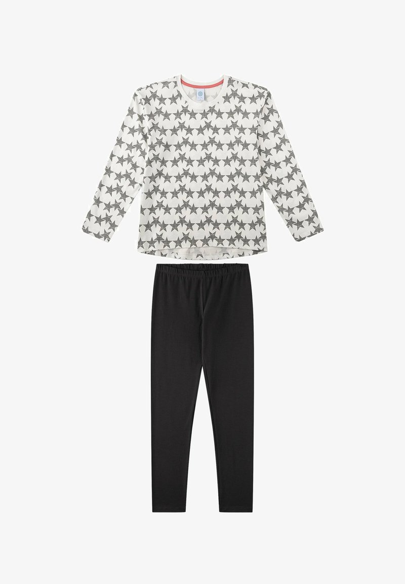 Zweiteiliges Outfit bestehend aus einem weißen Langarmshirt mit schwarzem Sternenmuster und schwarzen, elastischen Leggings mit einem elastischen Bund.