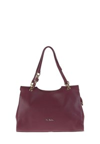 Borsa in pelle bordeaux con superficie testurizzata, doppi manici e hardware dorato. Presenta un logo discreto sul davanti.