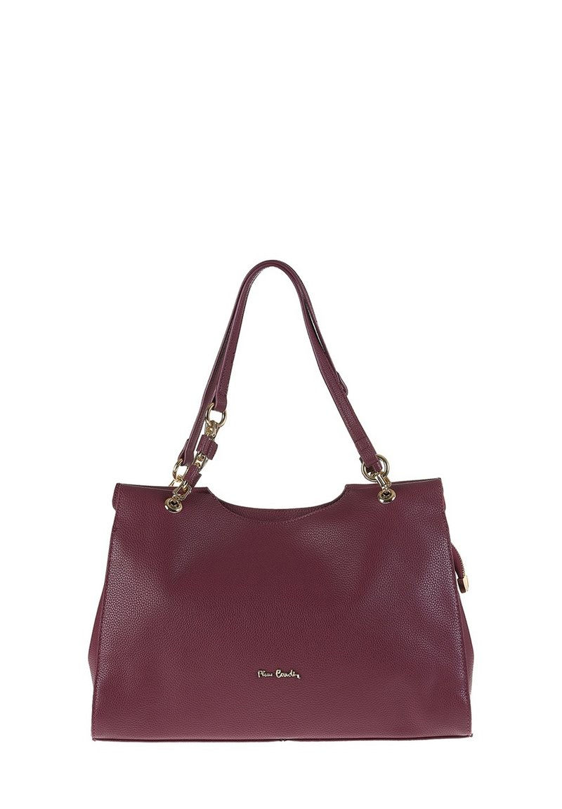 Borsa in pelle bordeaux con superficie testurizzata, doppi manici e hardware dorato. Presenta un logo discreto sul davanti.