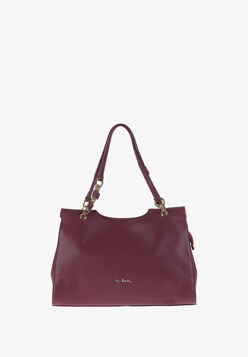 Borsa in pelle bordeaux con superficie testurizzata, doppi manici e hardware dorato. Presenta un logo discreto sul davanti.