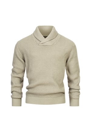 Jasno beżowy sweter dzianinowy z kołnierzem typu szal, teksturowanym wzorem, ściągaczami przy rękawach i w pasie. Wykonany z miękkiego, ciepłego materiału.