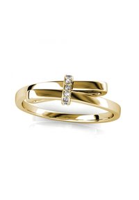 Gouden gedraaid ring met een gladde, glanzende afwerking, met een band die over elkaar heen kruist en versierd is met vijf kleine heldere stenen in een horizontale setting.