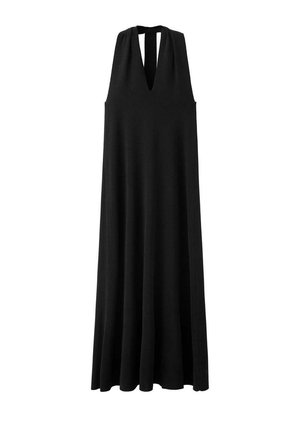 Vestido largo negro sin mangas con escote en V profundo y detalle de tirante halter en la espalda, que cae suelto hasta el suelo.