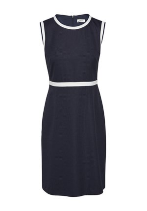 Marineblauwe mouwloze jurk met witte bies bij de hals en taille, voorzien van een gestructureerd patroon en een rits aan de achterkant.