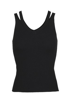 Schwarzes geripptes Strick-Top mit zwei dünnen Schulterträgern und V-Ausschnitt.