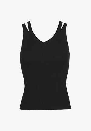 Black ribbed knit tank top with dual thin shoulder straps and a V-neckline.
