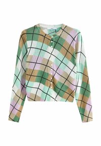 Cardigan en tricot avec un motif argyle multicolore en vert, violet, marron et blanc, col rond et fermeture à boutons à l'avant.