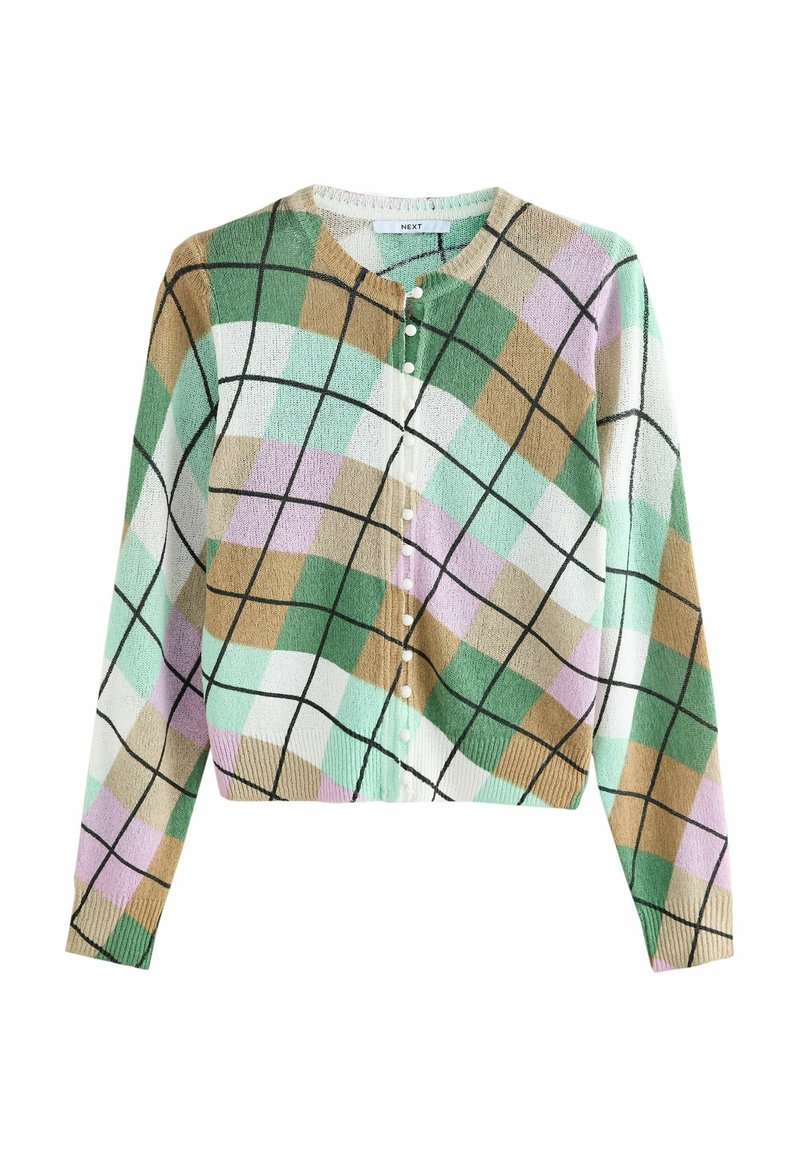 Cardigan en tricot avec un motif argyle multicolore en vert, violet, marron et blanc, col rond et fermeture à boutons à l'avant.