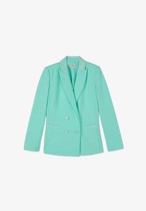 Sacou dublu cu nasturi de culoare verde mentă, cu reveri decupați, mâneci lungi și două buzunare frontale, așezat pe o suprafață albă.