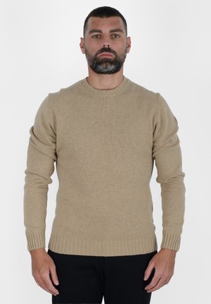 Maglione beige a maglia con scollatura rotonda, polsini e orlo a coste. Il tessuto sembra morbido con una fine trama. Indossato con pantaloni scuri.
