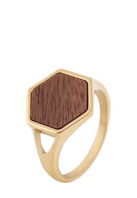 Gold ring featuring a hexagonal brown wooden inlay. Smooth polished finish with a cutout detail on the band for a modern design.