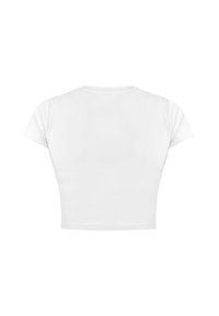 Weißes, kurzes T-Shirt mit kurzen Ärmeln, rundem Ausschnitt, aus glattem Stoff, mit einem schlichten und einfachen Design ohne Muster oder Akzente.