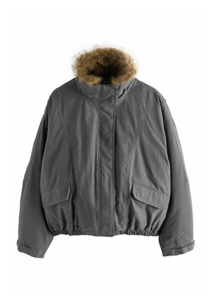 Veste d'hiver gris foncé avec ourlet élastique, deux poches avant à rabat et une capuche doublée de fausse fourrure marron.