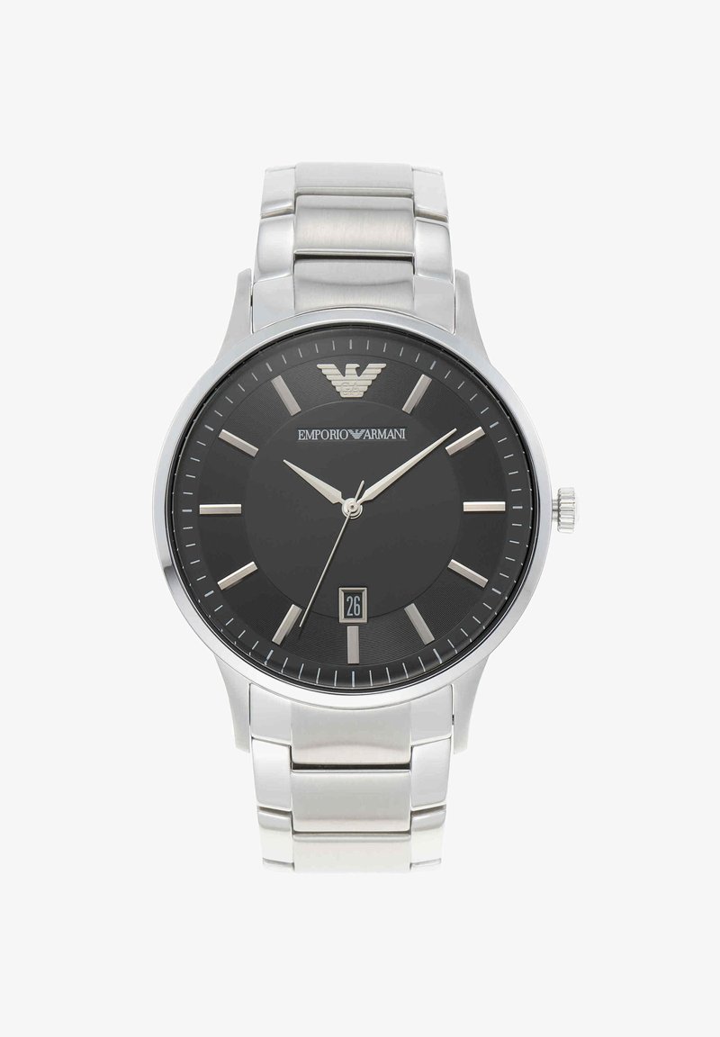 Montre Emporio Armani argentée avec cadran noir, index des heures argentés, trois aiguilles, guichet date à 6 heures et bracelet à maillons métalliques.