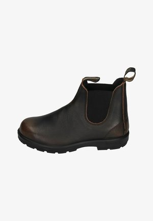 Brown leather Chelsea boots with elastic side panels, rounded toe, and black rubber sole. Features pull tab for easy wear.