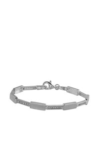 Silver bracelet featuring rectangular links, some with a brushed finish and others with embedded clear stones, secured with a lobster clasp.
