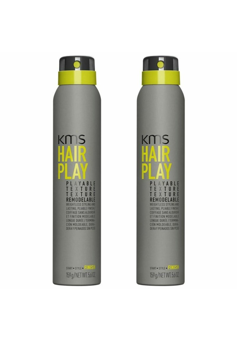 Gray aerosol canisters with black and bright yellow accents, labeled "KMS Hair Play." Text highlights re modelable, weightless styling.