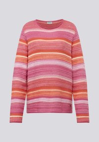 Strickpullover mit horizontalen Streifen in Pink, Orange und Weiß. Rundhalsausschnitt, lange Ärmel und lockere Passform mit strukturierten Mustern.