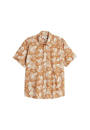 Kurzarmhemd aus beige Stoff mit einem weißen Blumenmuster, ausgestattet mit einer Knopfverschluss-Front und einem klassischen Kragen. Leicht und strukturiert.
