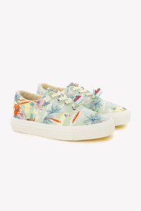 Canvas sneakers with a light green base, featuring floral and surfboard patterns in orange, pink, and blue. White rubber sole and laces.