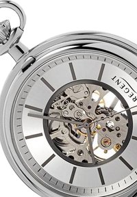 Zilveren roestvrijstalen zakhorloge met een doorzichtig uurwerk dat complexe bewegingen, metalen tandwielen en gouden accenten toont, met minimalistische uurmarkeringen.