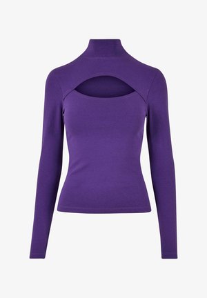 Top violet cu mânecă lungă, cu guler înalt și un detaliu decupat sub gât. Confectionat dintr-un material moale, elastic, cu o textură netedă.