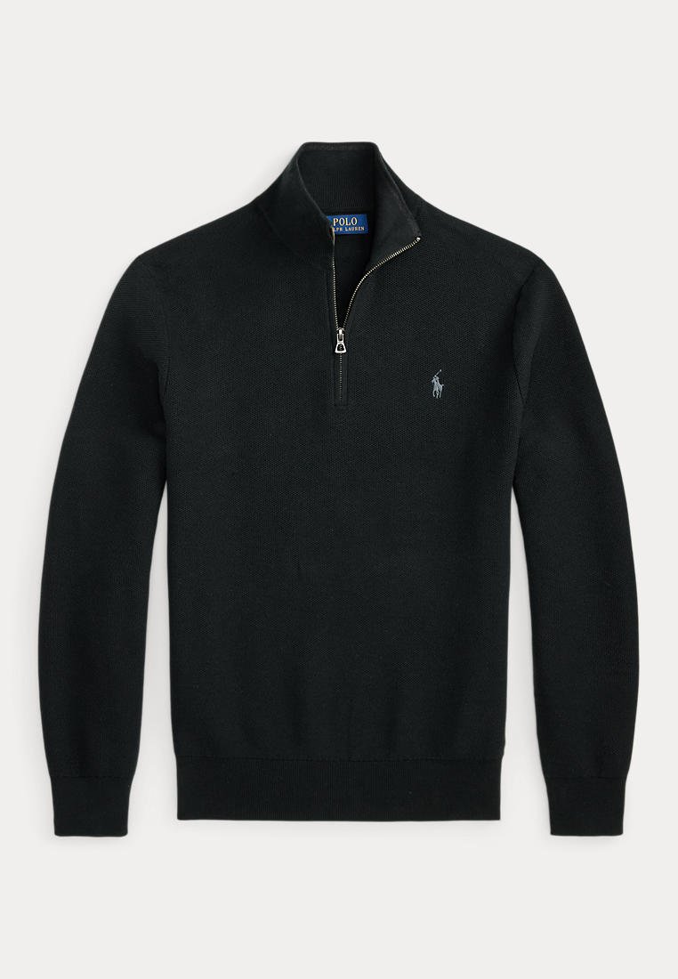Черен пуловер с дълги ръкави от Polo Ralph Lauren, с цип до средата на гърдите, яка тип столче, рипсени маншети и подгъв и бродирано лого на гърдите.
