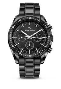 Schwarze Edelstahl-Uhr mit rundem Ziffernblatt, strukturiertem schwarzen Ziffernblatt, weißen Stundenmarkierungen und Chronographen-Subdials. Verfügt über ein Gliederarmband.