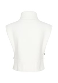 Biela bezrukávová pletená mikina s vysokým rolákovým golierom a rebrovaným lemom, zobrazená zozadu.