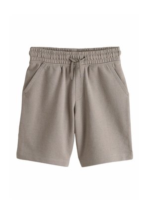 Šviesiai pilkos medvilninės šortai su elastine juosmens juosta, raišteliu ir dviem šoniniais kišenėmis. Lygiai tekstūruoti, iki kelių ilgio.