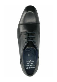 Schwarze Lederschuhe mit polierter Oberfläche, runder Zehenform und Schnürdesign. Das Innere verfügt über eine gepolsterte Innensohle mit Markenlogo.