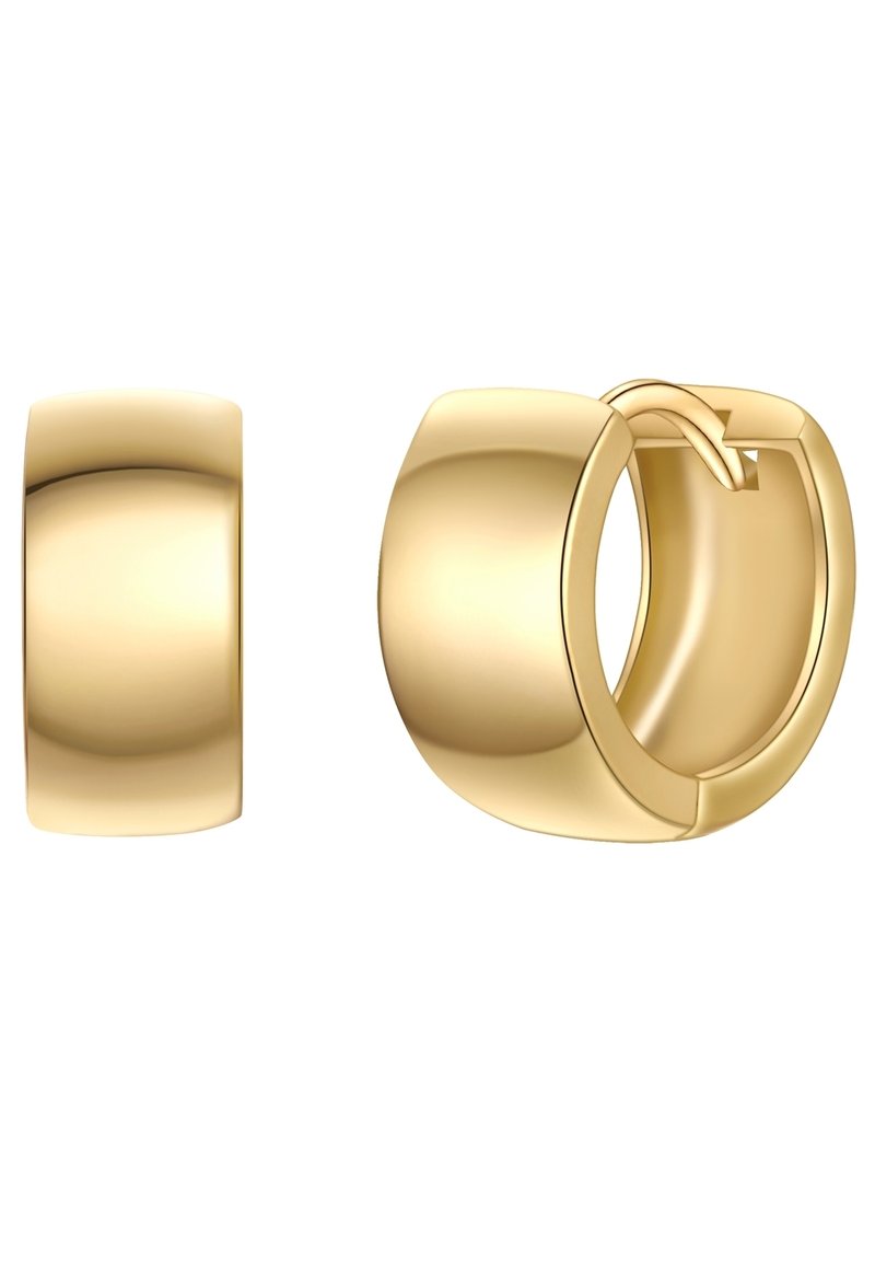 Gold hoop earrings with a smooth, shiny surface. They have a rounded shape and a secure hinge closure. Simple, polished design.