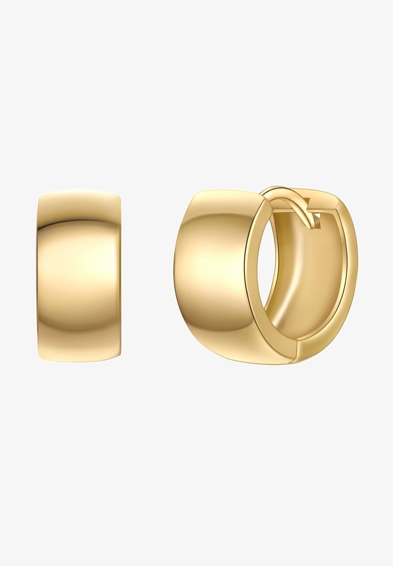 Gold hoop earrings with a smooth, shiny surface. They have a rounded shape and a secure hinge closure. Simple, polished design.