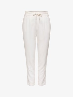 Biele nohavice s rovnými nohavicami, elastickým pásom, predným šnúrovaním a prednými bočnými vreckami, zobrazené na bielom pozadí.